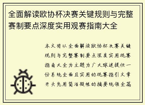 全面解读欧协杯决赛关键规则与完整赛制要点深度实用观赛指南大全 全面解读欧协杯决赛关键规则与完整赛制要点深度实用观赛指南大全
