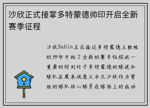 沙欣正式接掌多特蒙德帅印开启全新赛季征程
